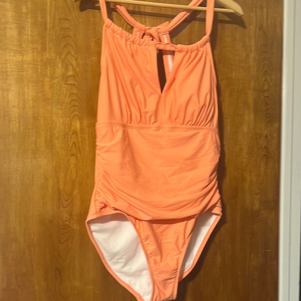 NWT Kona Sol Orange One-Piece Swimsuit with Ruched V-Neck